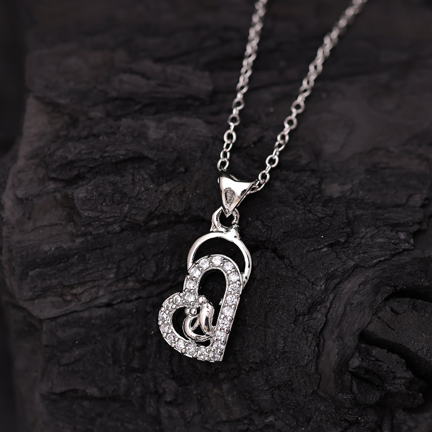 Sukkhi Rhodium Plated Silver CZ Heart Chain Pendant for Women