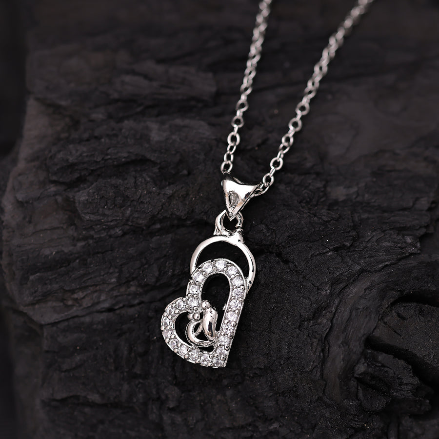 Sukkhi Rhodium Plated Silver CZ Heart Chain Pendant for Women