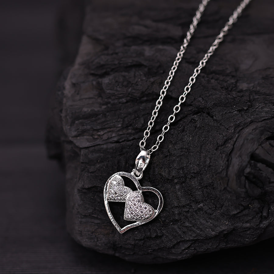 Sukkhi Rhodium Plated Silver CZ Heart Chain Pendant for Women