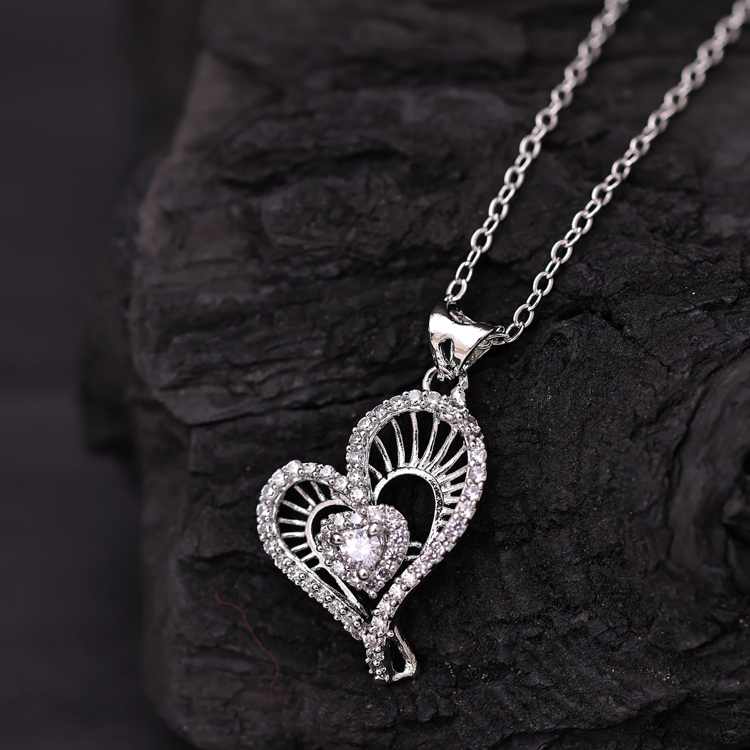Sukkhi Rhodium Plated Silver CZ Heart Chain Pendant for Women