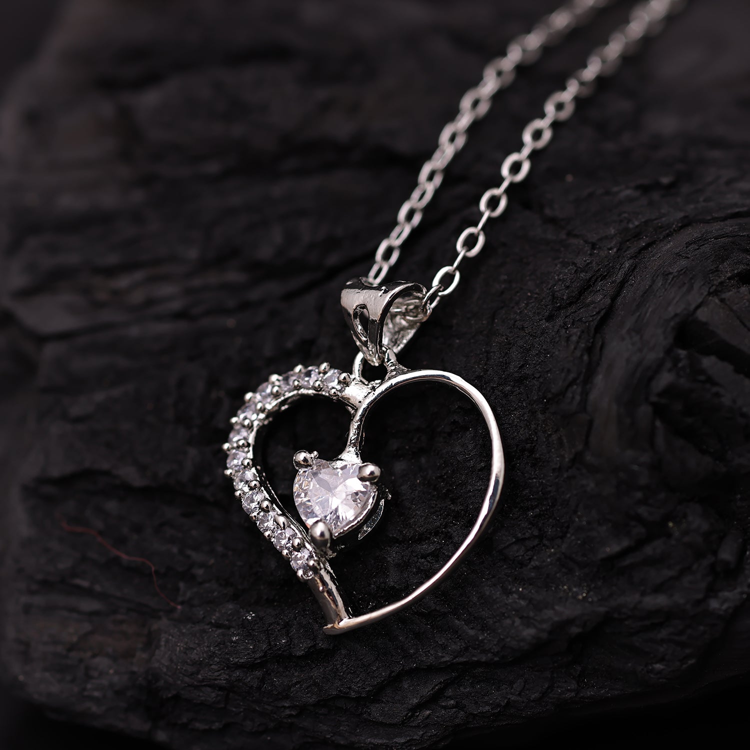Sukkhi Rhodium Plated Silver CZ Heart Chain Pendant for Women