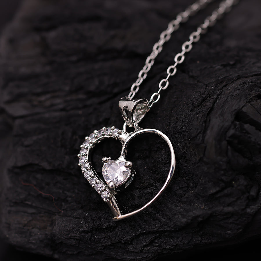 Sukkhi Rhodium Plated Silver CZ Heart Chain Pendant for Women