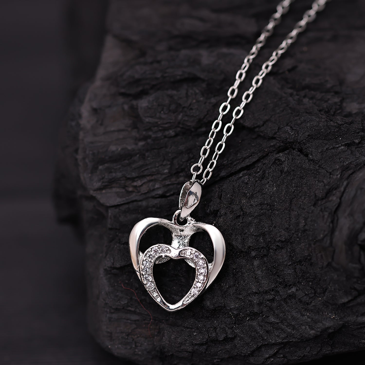 Sukkhi Rhodium Plated Silver CZ Heart Chain Pendant for Women
