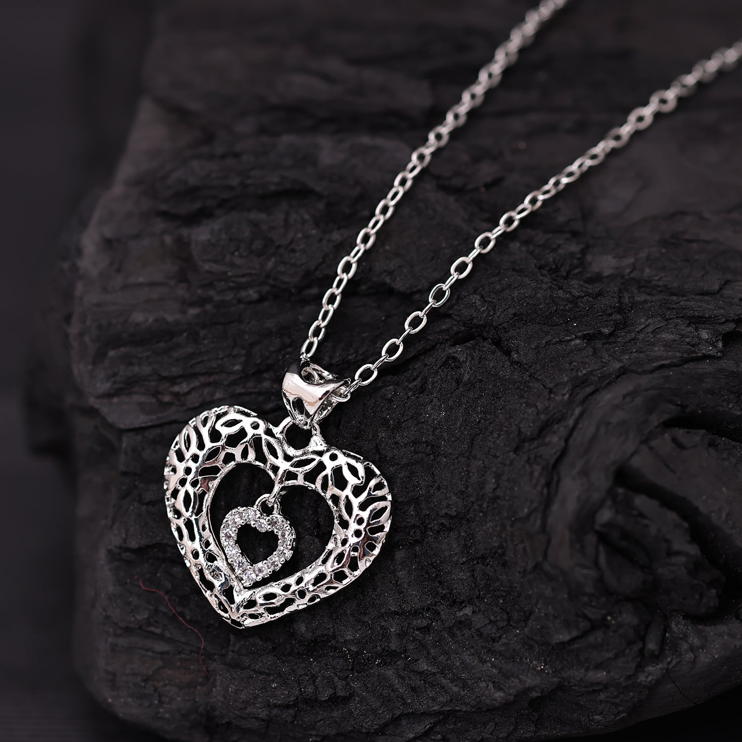 Sukkhi Rhodium Plated Silver CZ Heart Chain Pendant for Women