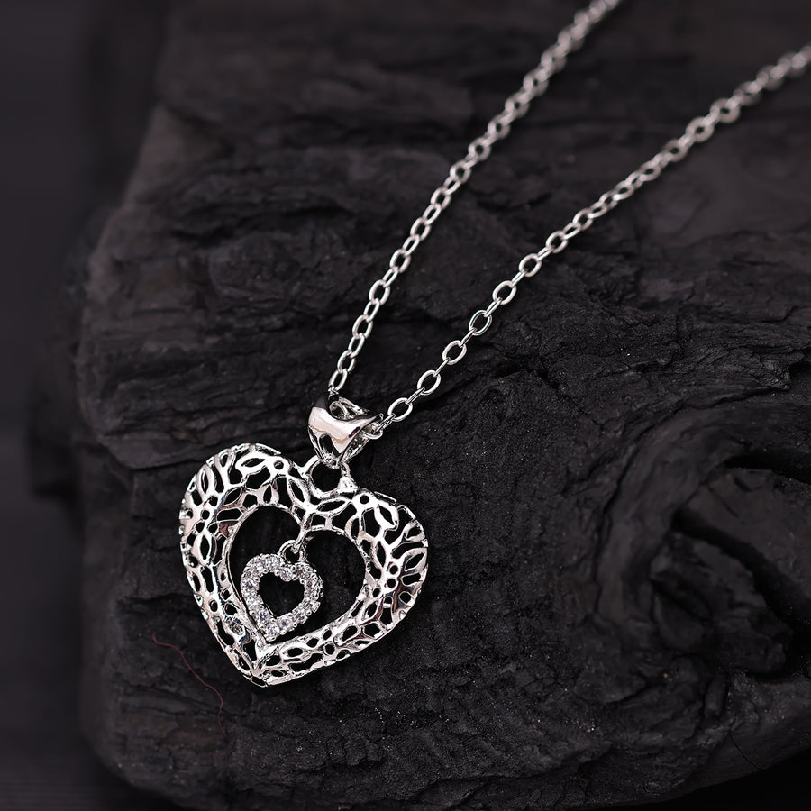 Sukkhi Rhodium Plated Silver CZ Heart Chain Pendant for Women
