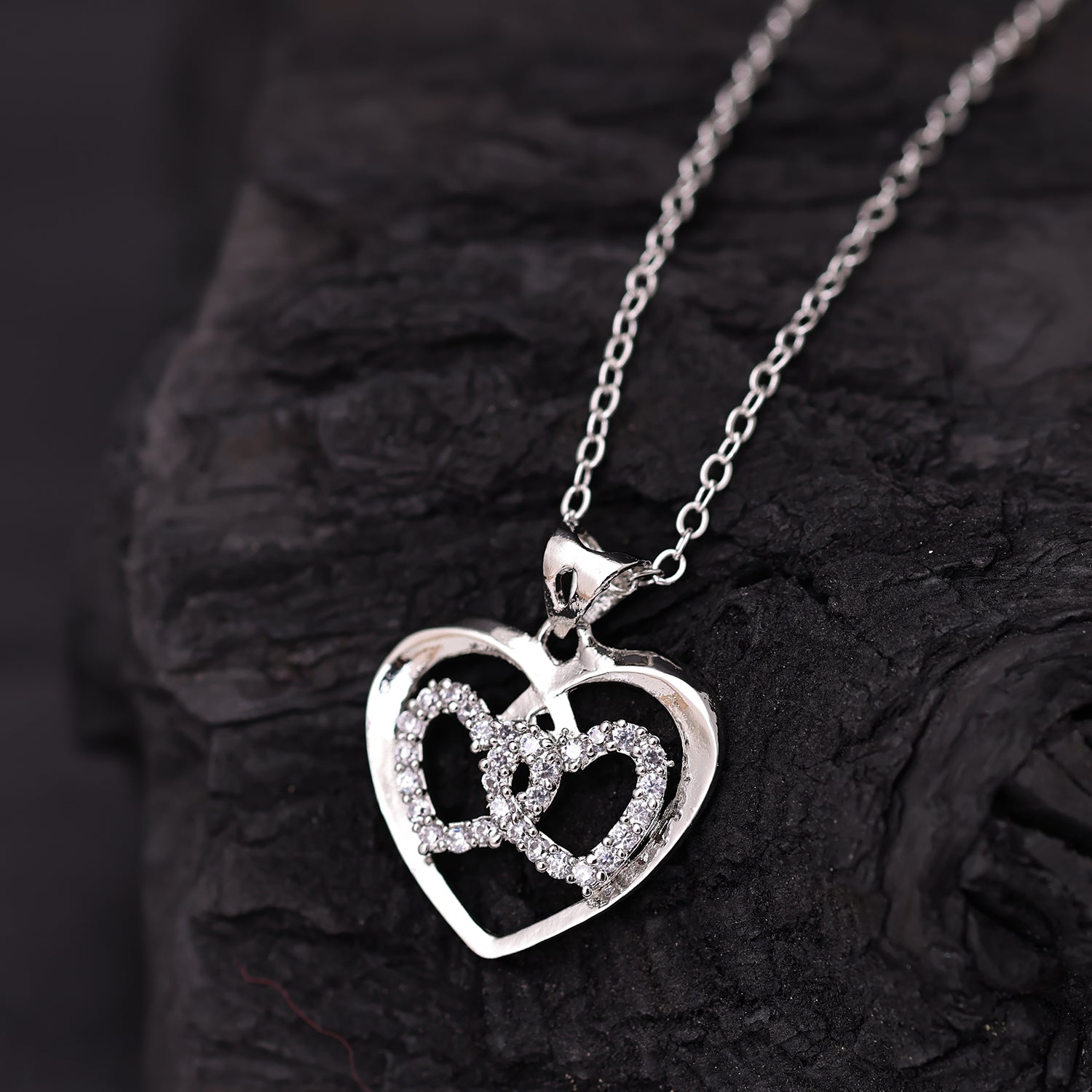 Sukkhi Rhodium Plated Silver CZ Heart Chain Pendant for Women