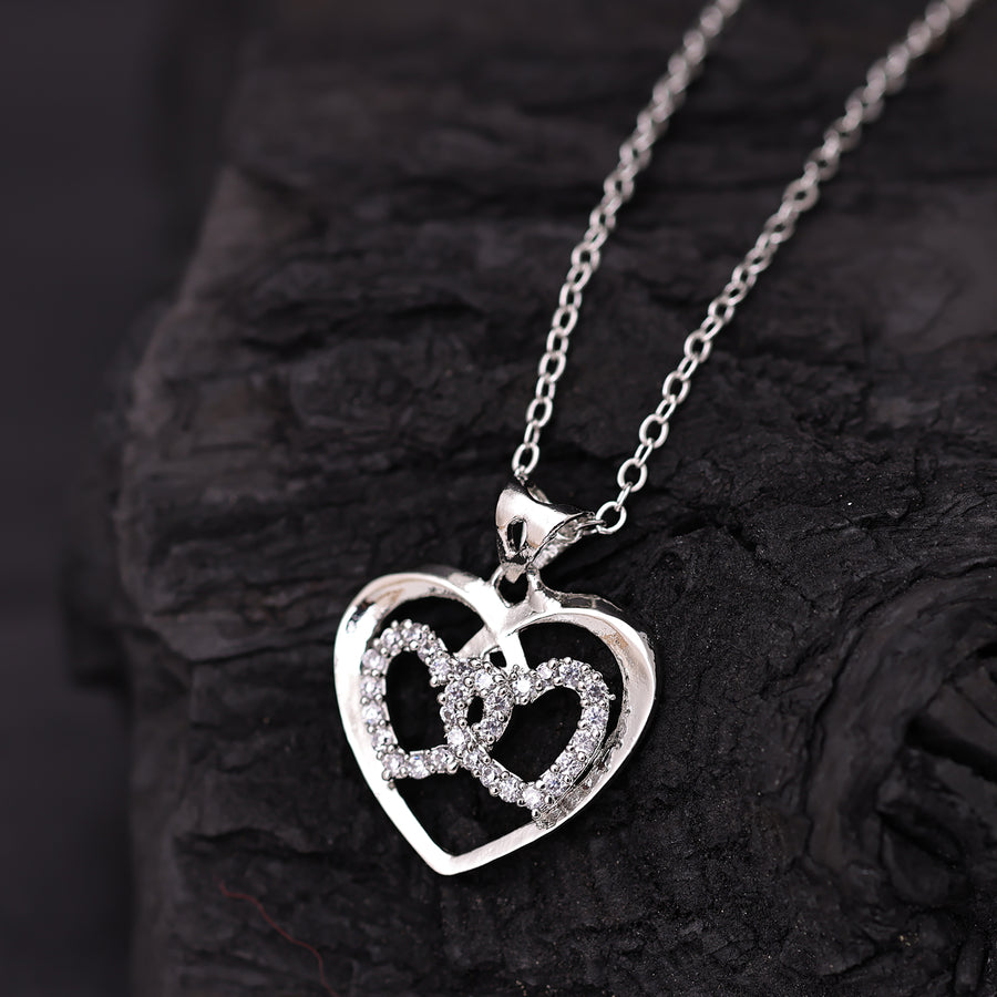 Sukkhi Rhodium Plated Silver CZ Heart Chain Pendant for Women
