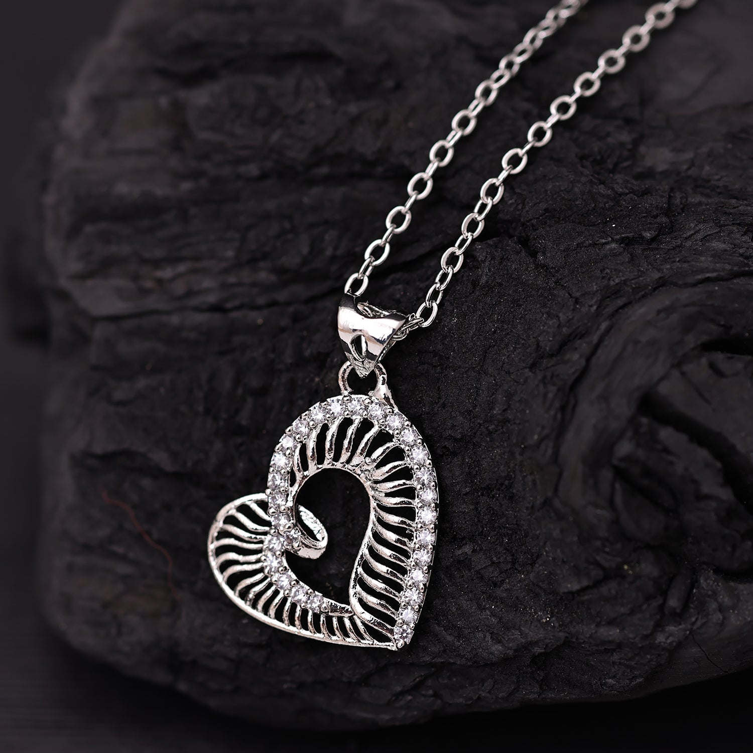 Sukkhi Rhodium Plated Silver CZ Heart Chain Pendant for Women