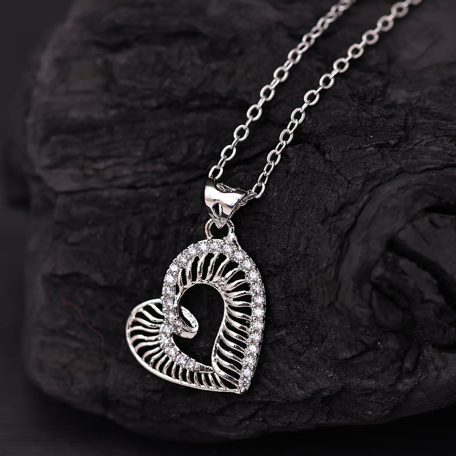 Sukkhi Rhodium Plated Silver CZ Heart Chain Pendant for Women