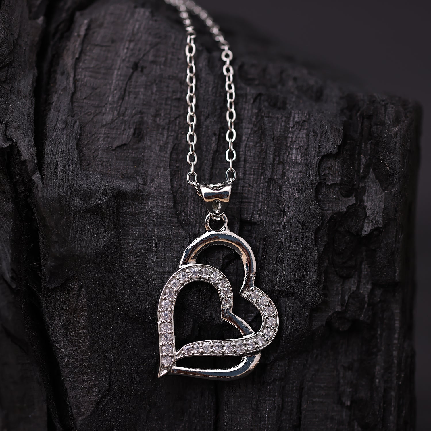 Sukkhi Rhodium Plated Silver CZ Heart Chain Pendant for Women