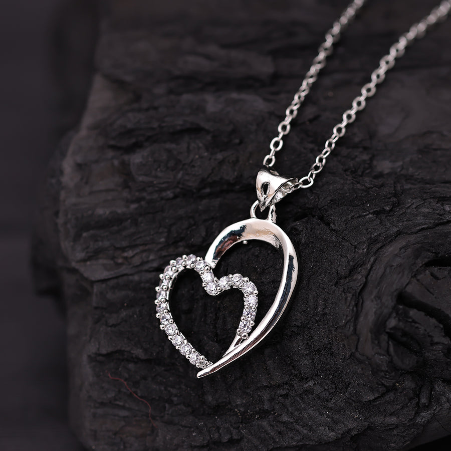 Sukkhi Rhodium Plated Silver CZ Heart Chain Pendant for Women