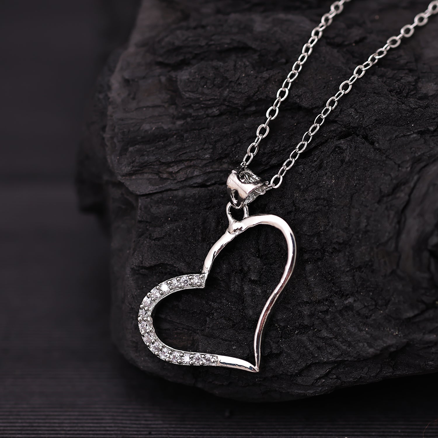 Sukkhi Rhodium Plated Silver CZ Heart Chain Pendant for Women