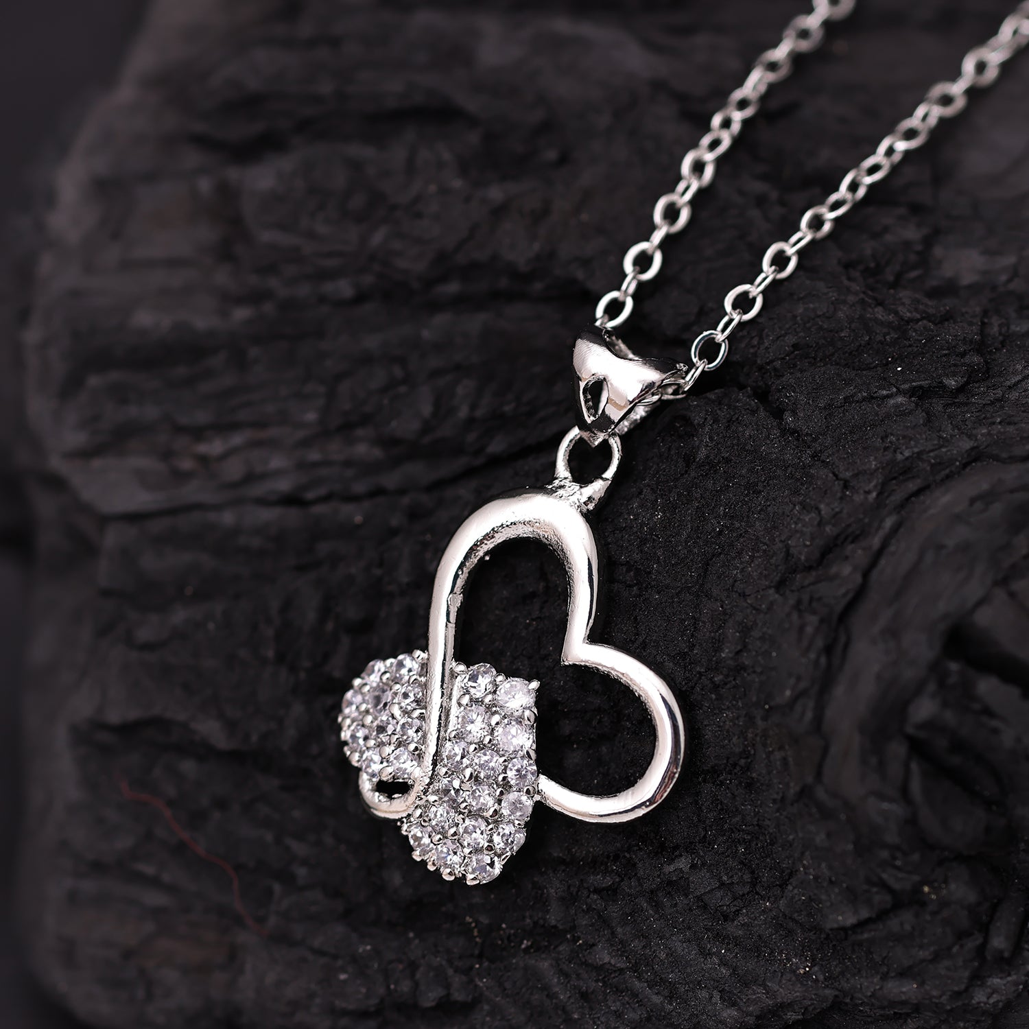 Sukkhi Rhodium Plated Silver CZ Heart Chain Pendant for Women