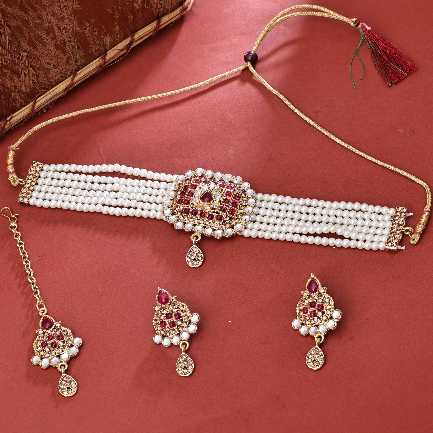 Buy Pink White Kundan Pearl Choker Necklace Set Online