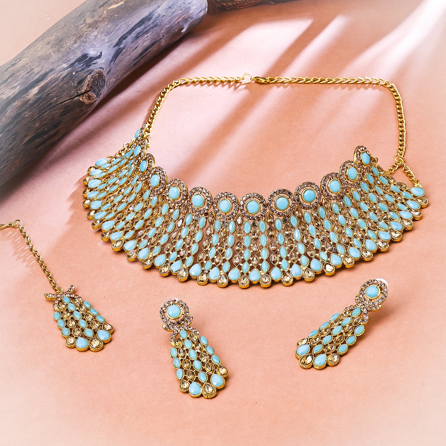 Sukkhi Gold Plated Aqua Reverse AD & Pearl Choker Necklace Set for Women