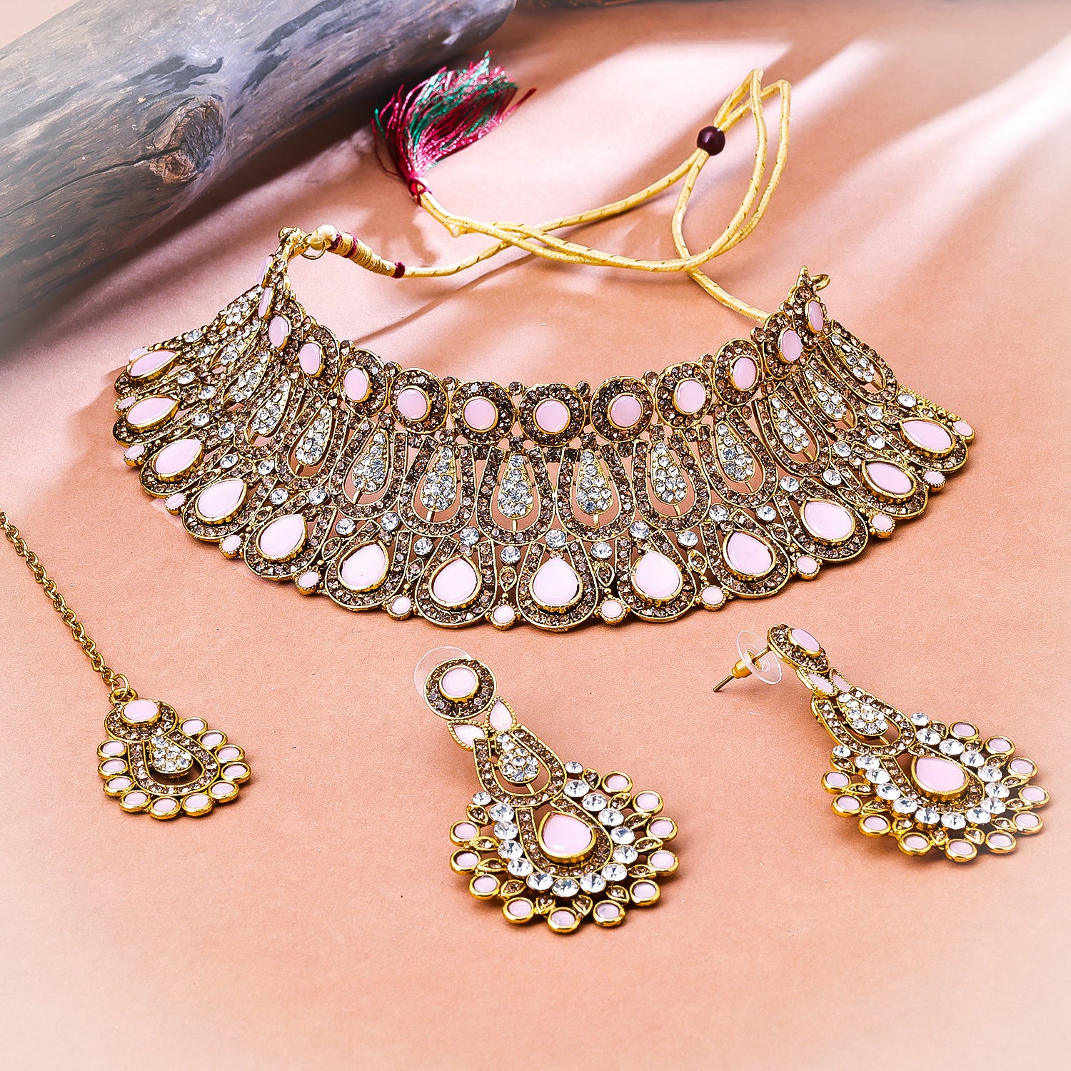 Sukkhi Gold Plated Pink Reverse AD & Pearl Choker Necklace Set for Women