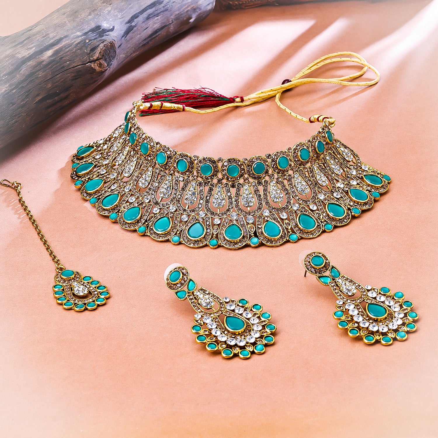 Sukkhi Gold Plated Green Reverse AD & Pearl Choker Necklace Set for Women