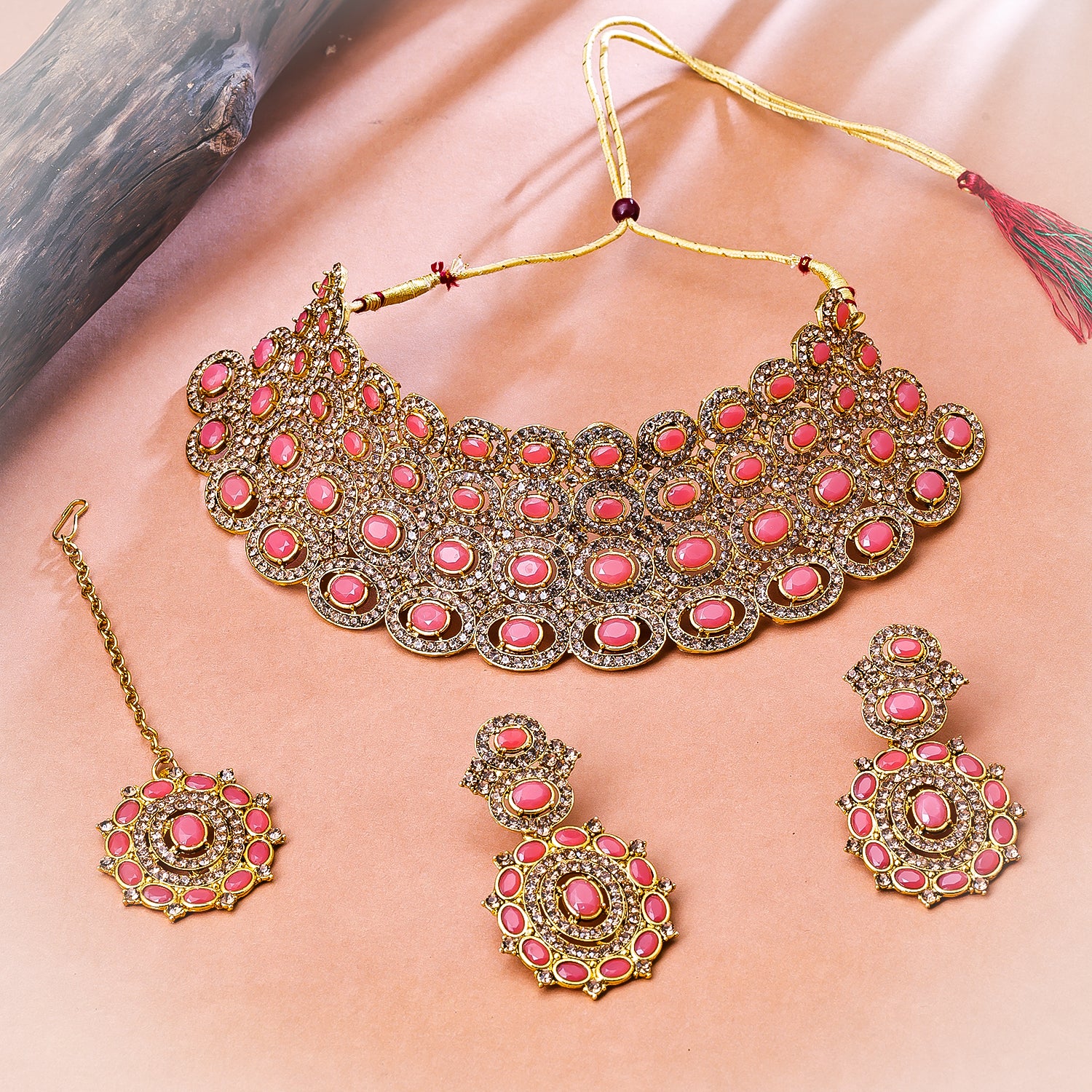 Sukkhi Gold Plated Pink Reverse AD & Pearl Choker Necklace Set for Women