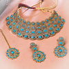 Sukkhi Gold Plated Aqua Reverse AD & Pearl Choker Necklace Set for Women