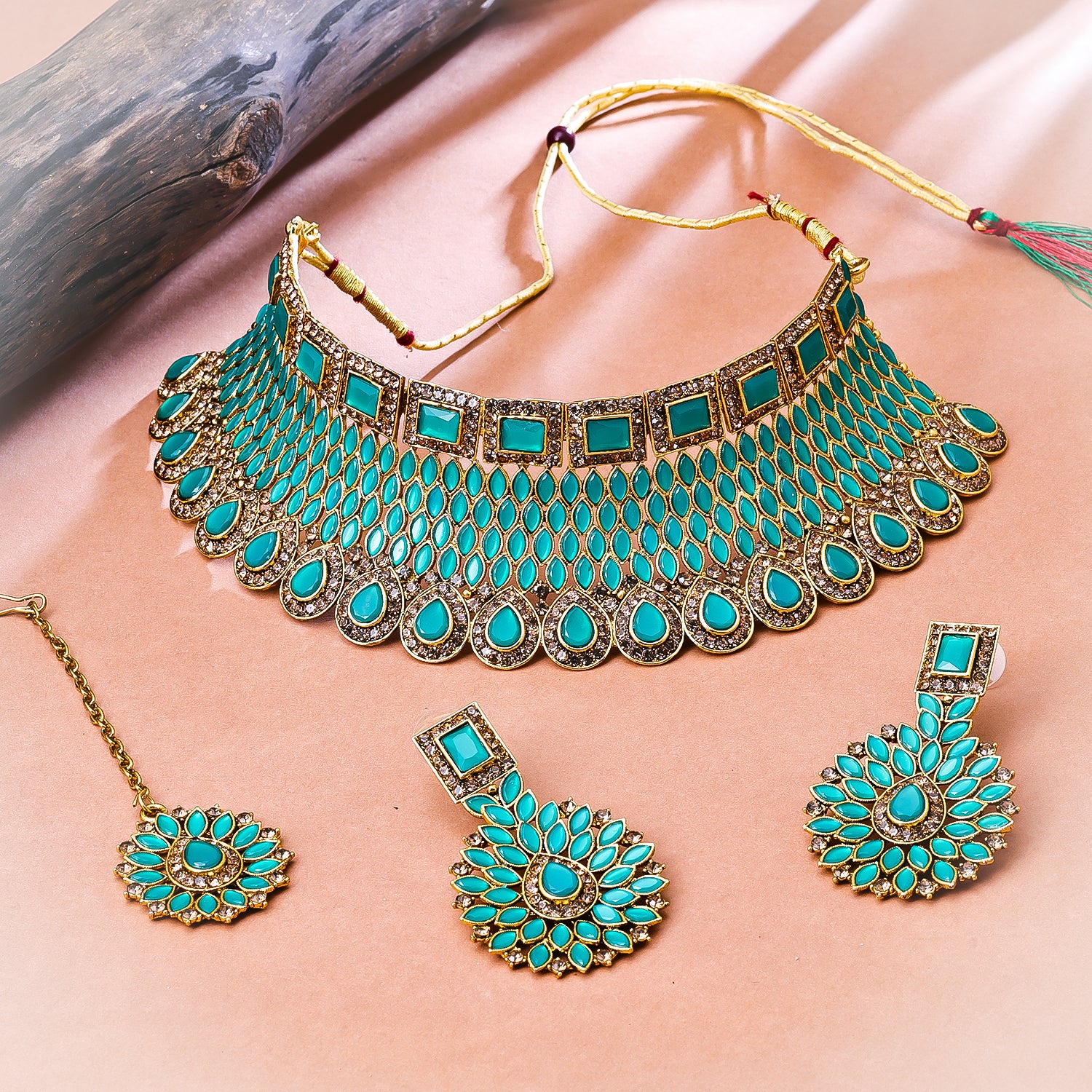 Sukkhi Gold Plated Green Reverse AD & Pearl Choker Necklace Set for Women