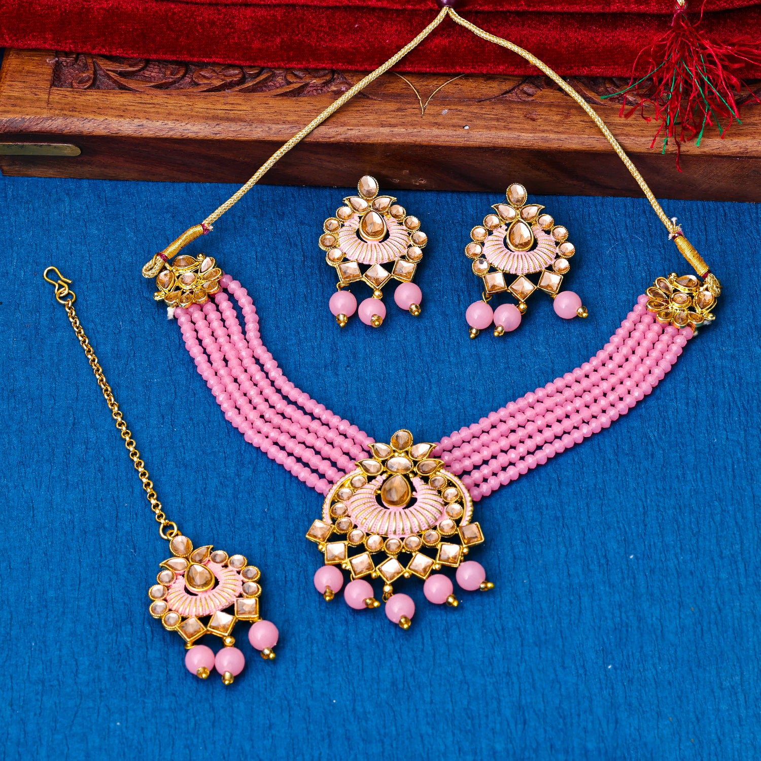 Sukkhi Gold Plated Pink Reverse AD & Pearl Choker Necklace Set for Women