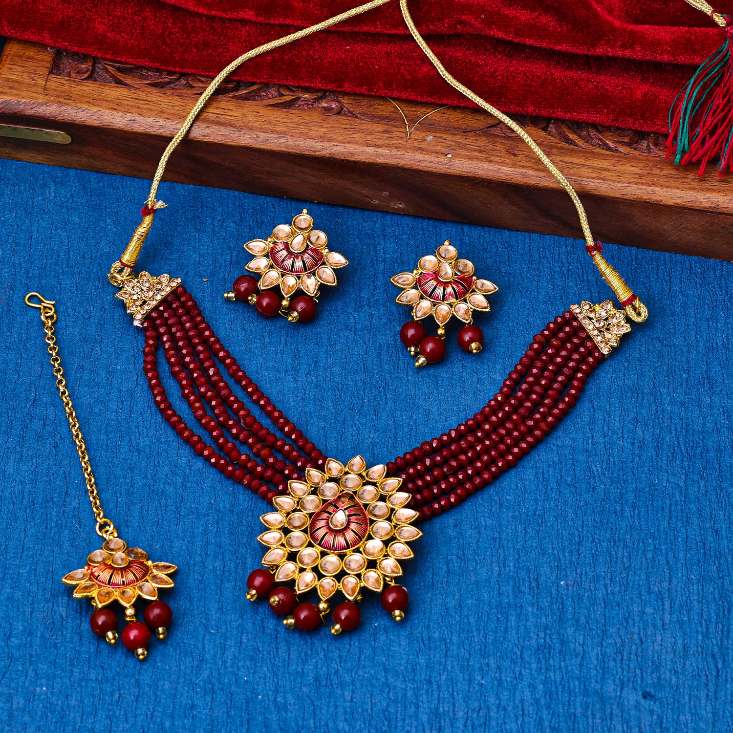 Sukkhi Gold Plated Maroon Reverse AD & Pearl Choker Necklace Set for Women