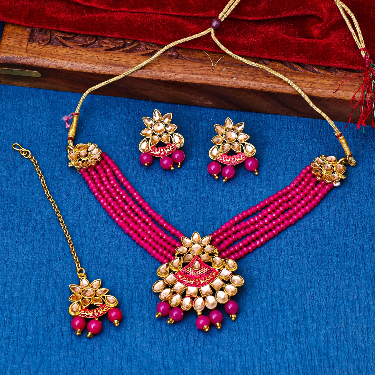 Sukkhi Gold Plated Pink Reverse AD & Pearl Choker Necklace Set for Women