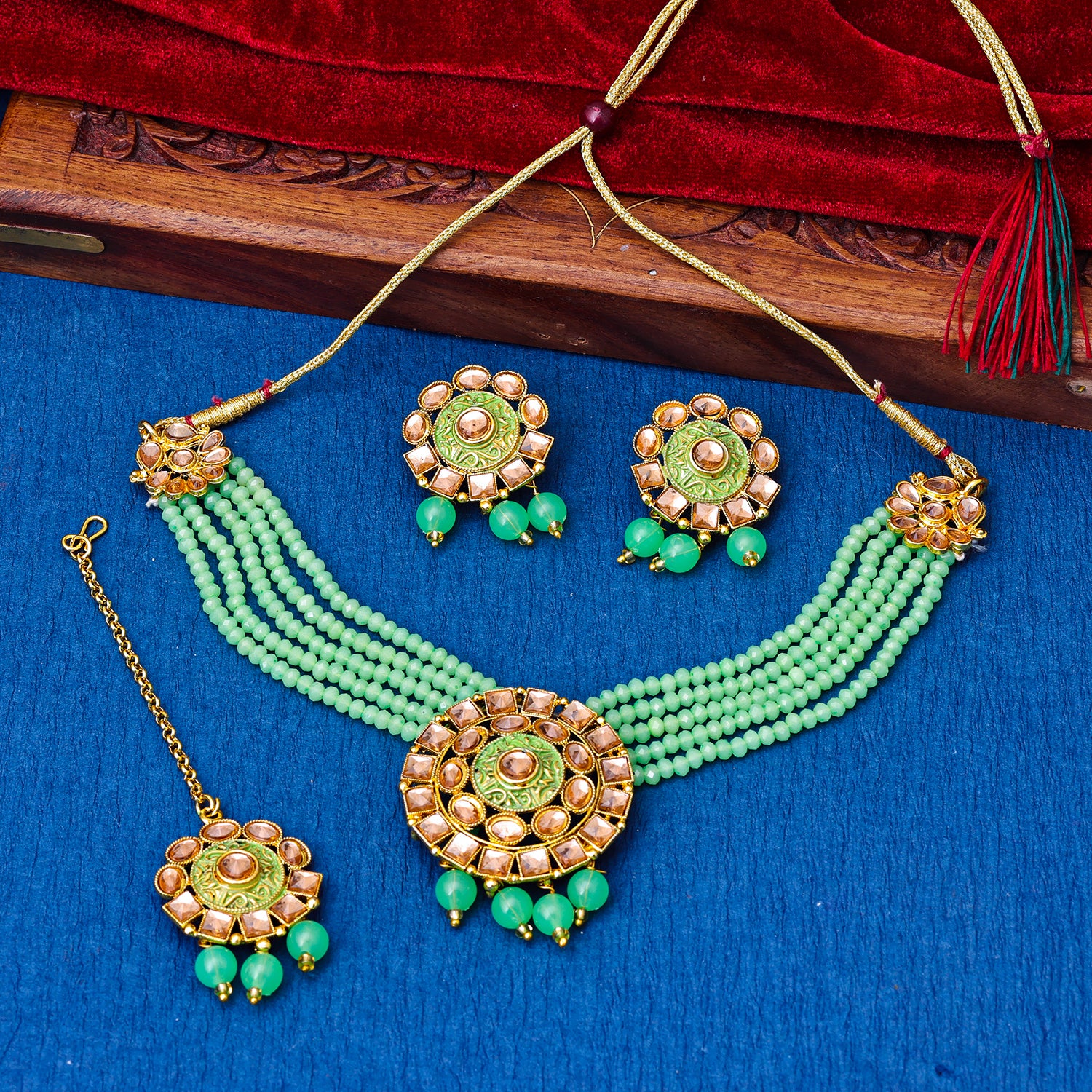 Sukkhi Gold Plated Green Reverse AD & Pearl Choker Necklace Set for Women