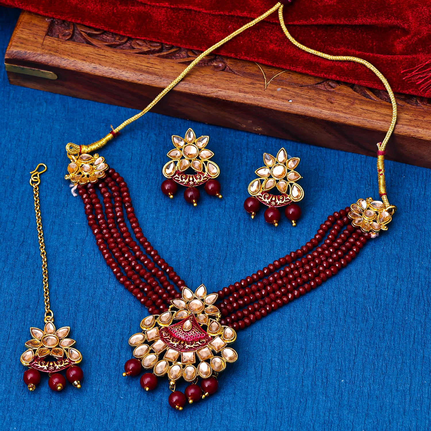 Sukkhi Gold Plated Maroon Reverse AD & Pearl Choker Necklace Set for Women