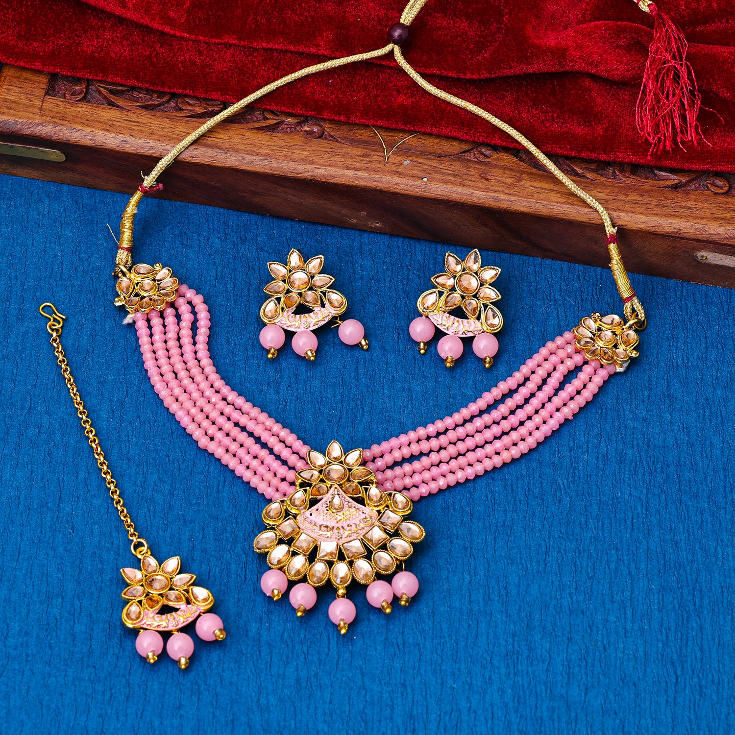 Sukkhi Gold Plated Pink Reverse AD & Pearl Choker Necklace Set for Women