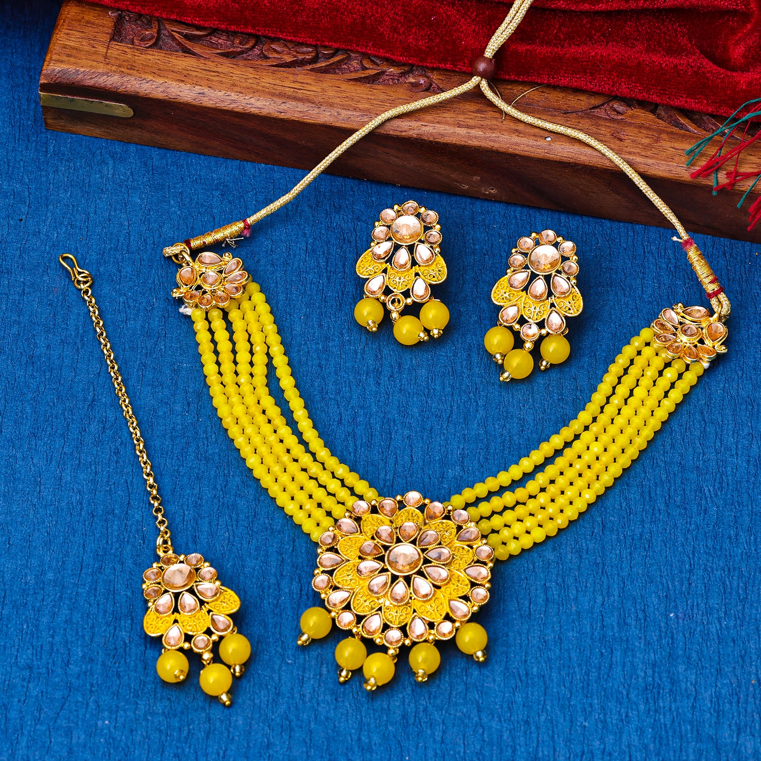 Sukkhi Gold Plated Yellow Reverse AD & Pearl Choker Necklace Set for Women