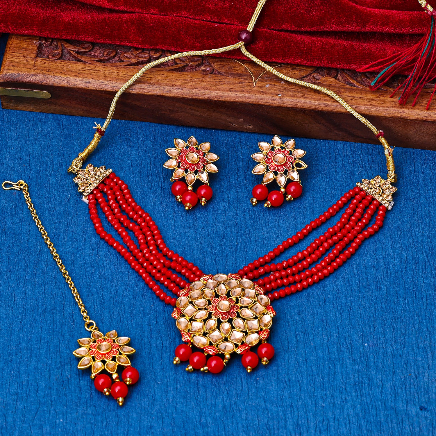 Sukkhi Gold Plated Red Reverse AD & Pearl Choker Necklace Set for Women