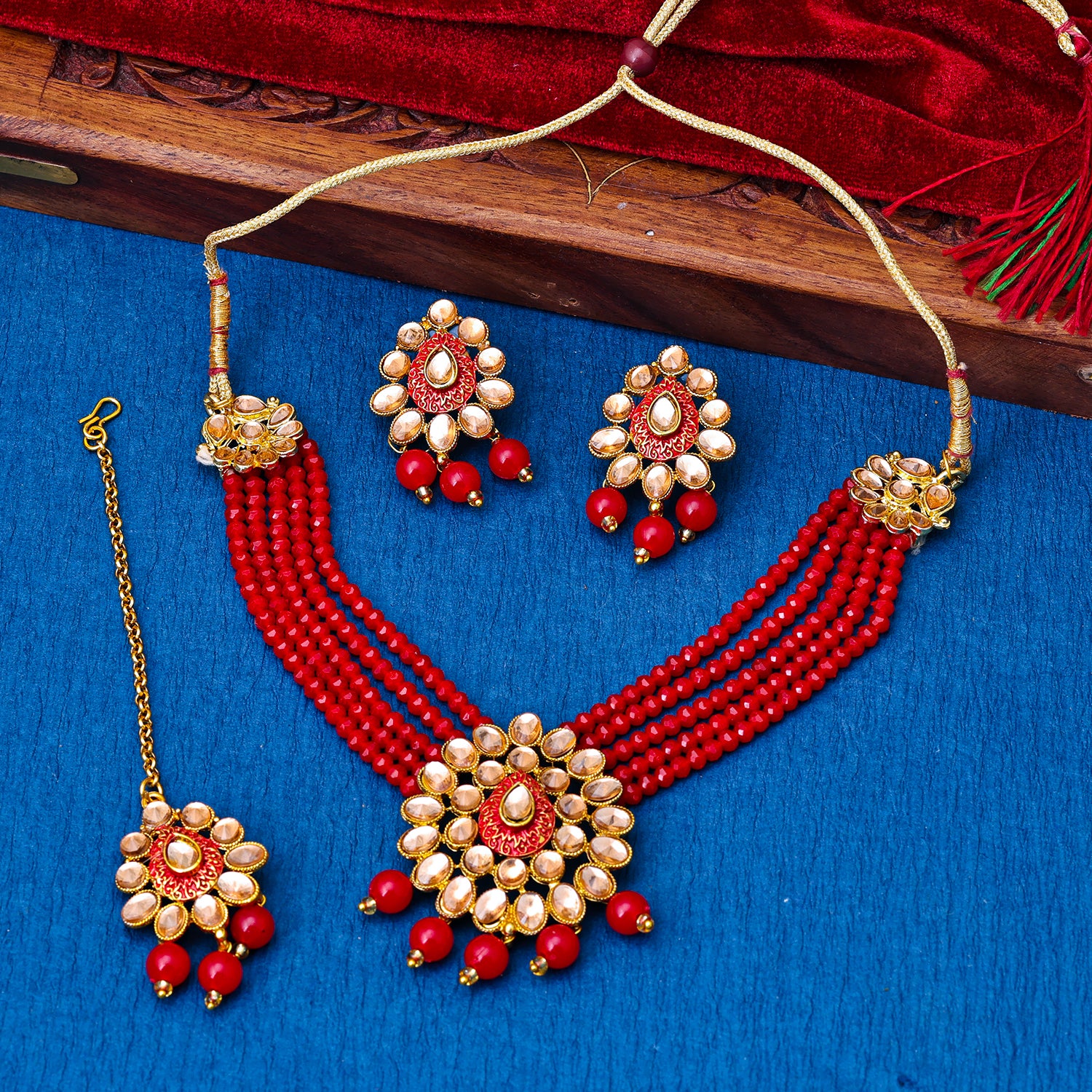 Sukkhi Gold Plated Red Reverse AD & Pearl Choker Necklace Set for Women