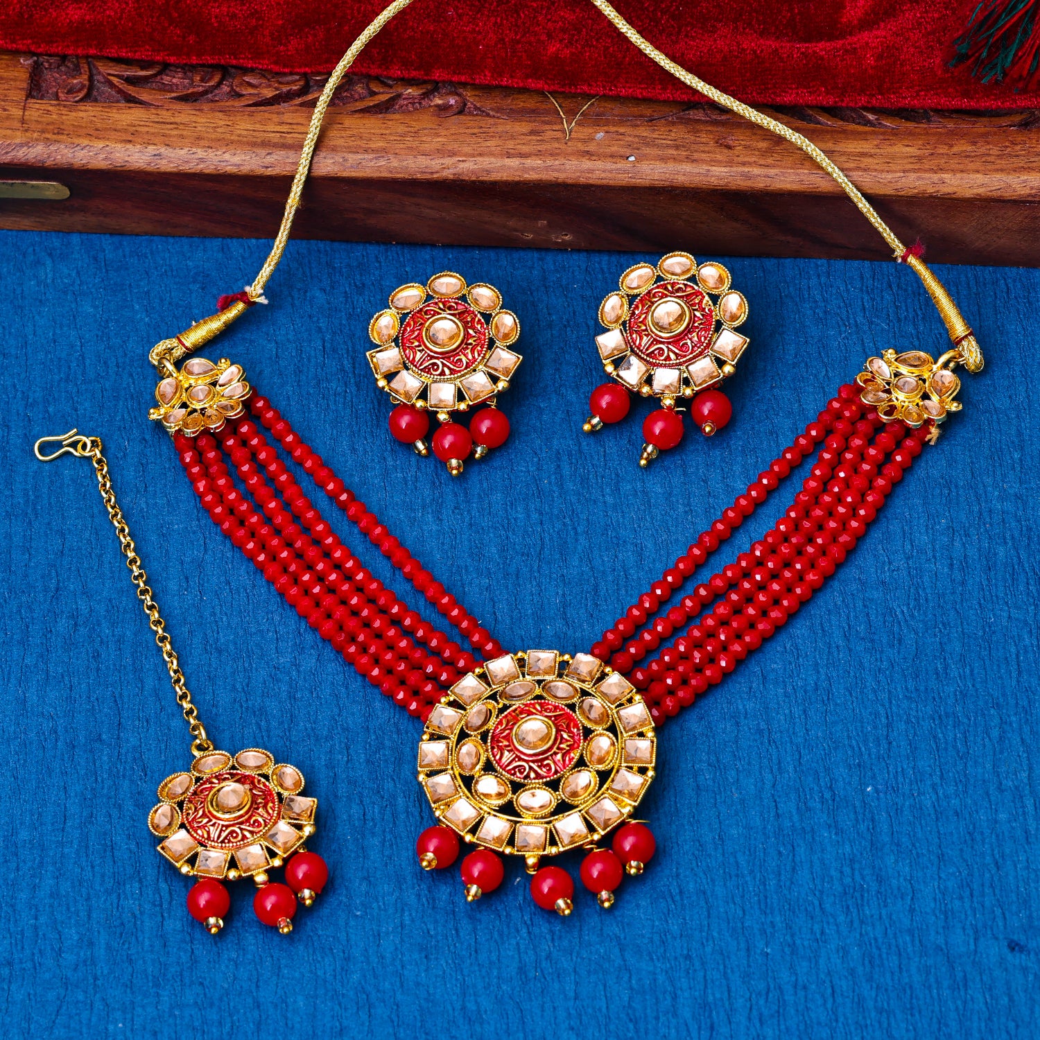 Sukkhi Gold Plated Red Reverse AD & Pearl Choker Necklace Set for Women