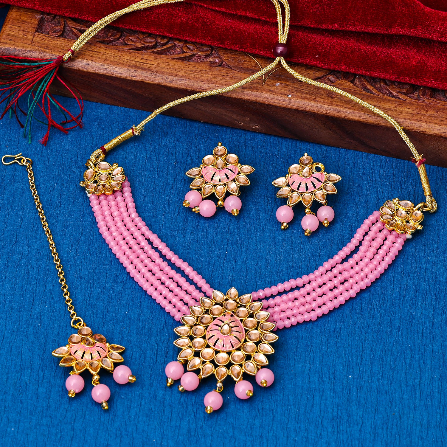 Sukkhi Gold Plated Pink Reverse AD & Pearl Choker Necklace Set for Women