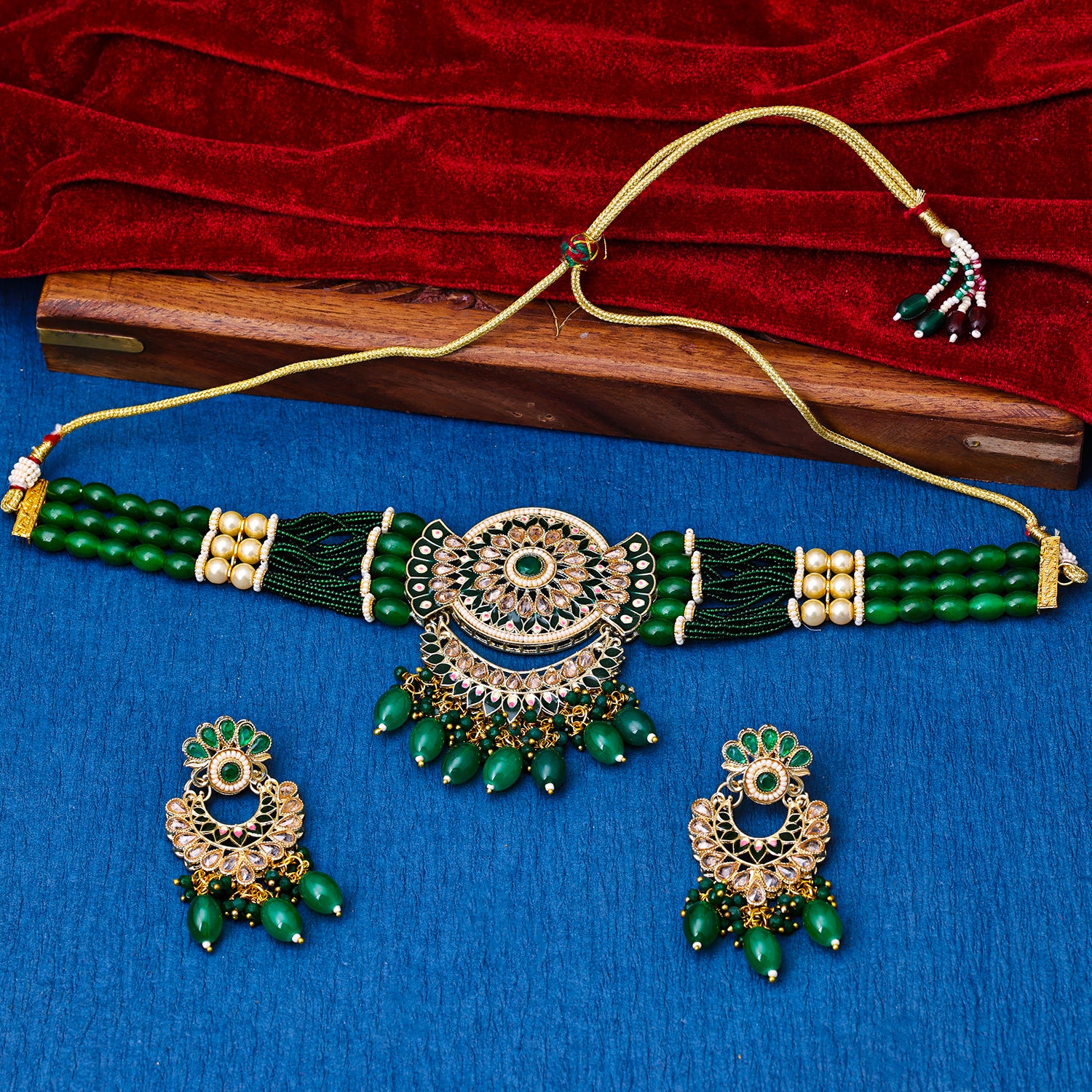 Sukkhi Gold Plated Green Reverse AD & Pearl Long Necklace Set for Women