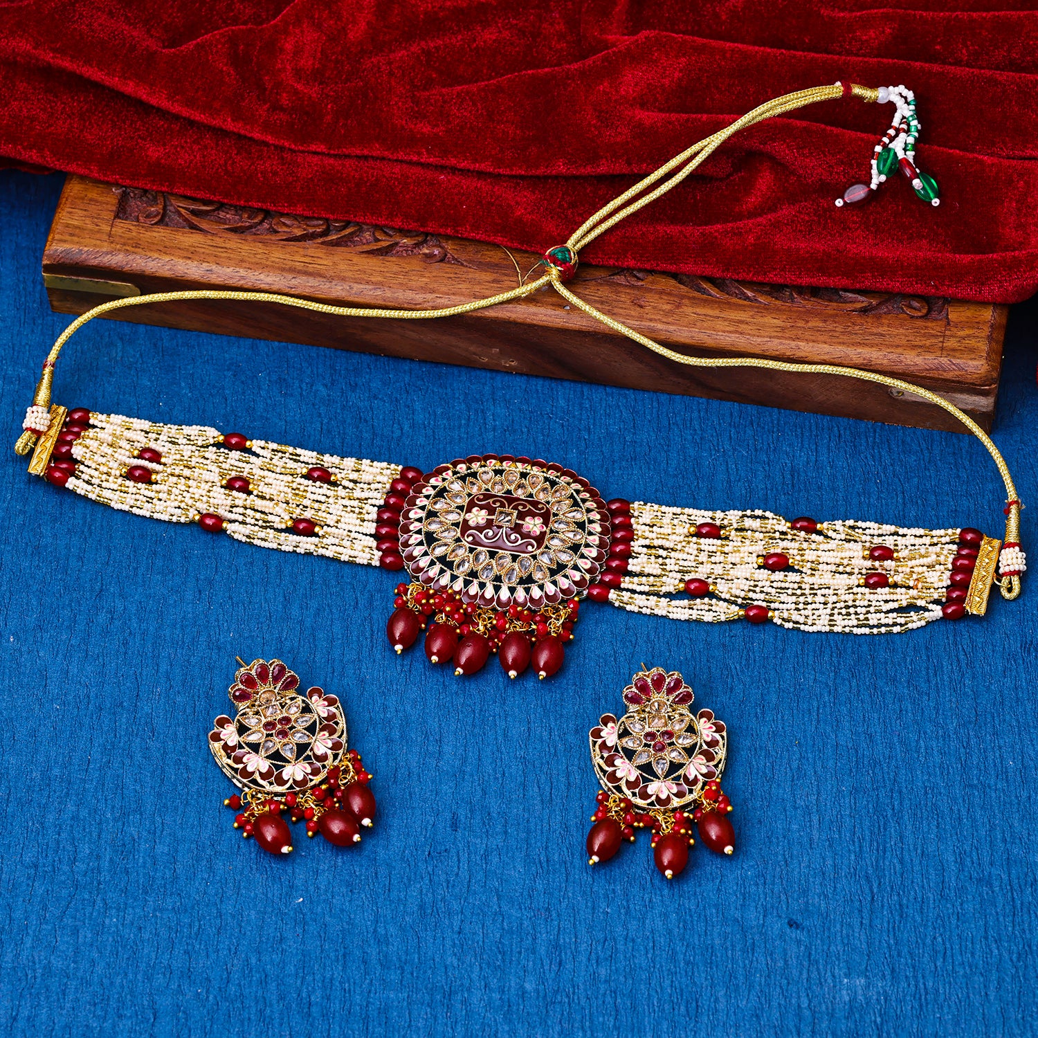 Sukkhi Gold Plated Red Reverse AD & Pearl Choker Necklace Set for Women