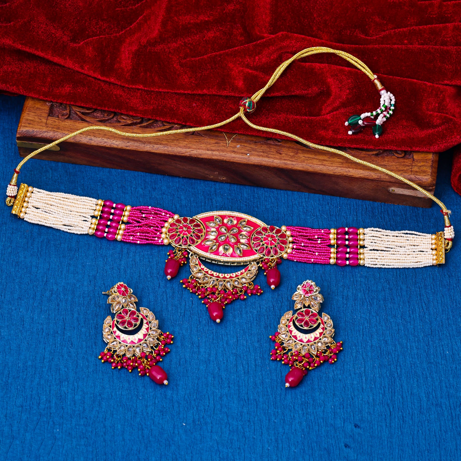 Sukkhi Gold Plated Pink Reverse AD & Pearl Choker Necklace Set for Women
