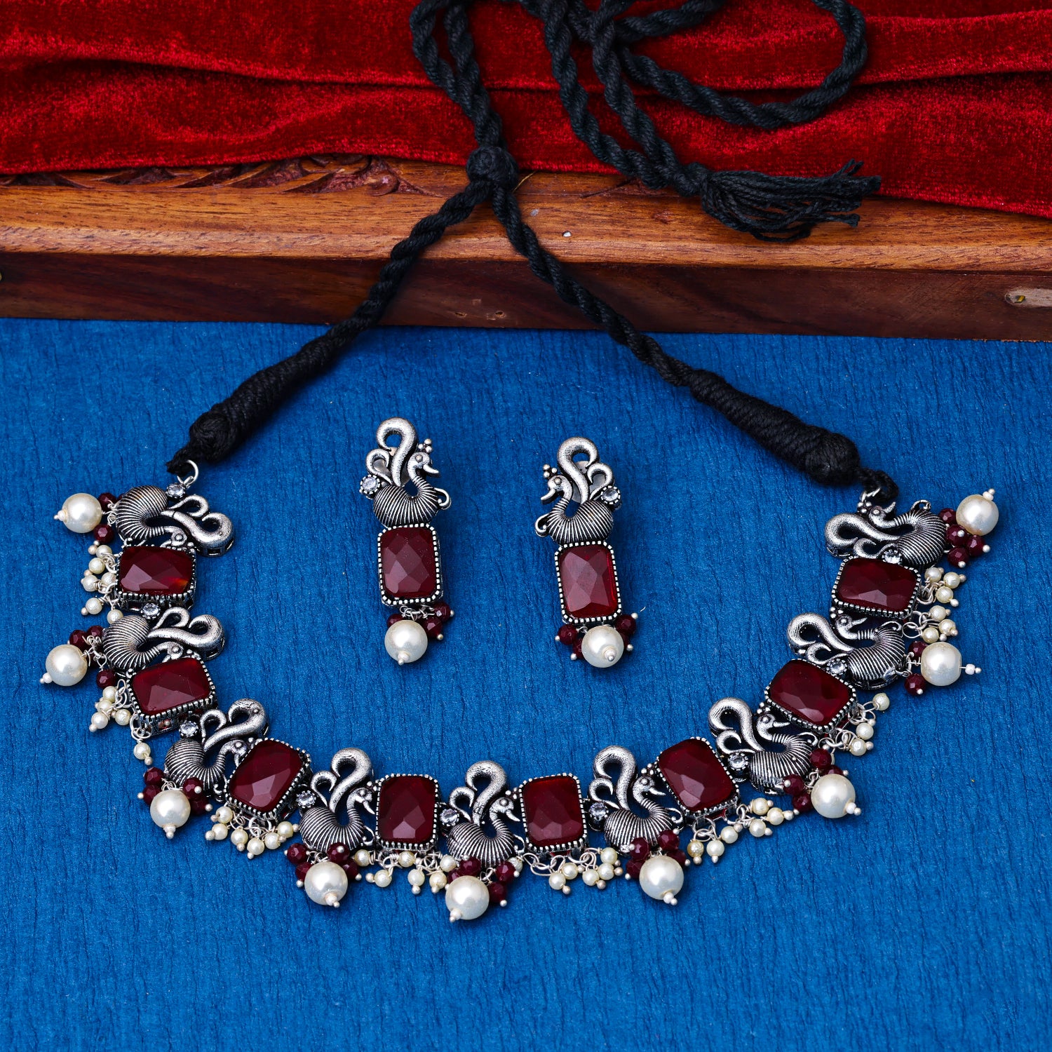 Sukkhi Oxidized Red Pearl Choker Necklace Set for Women