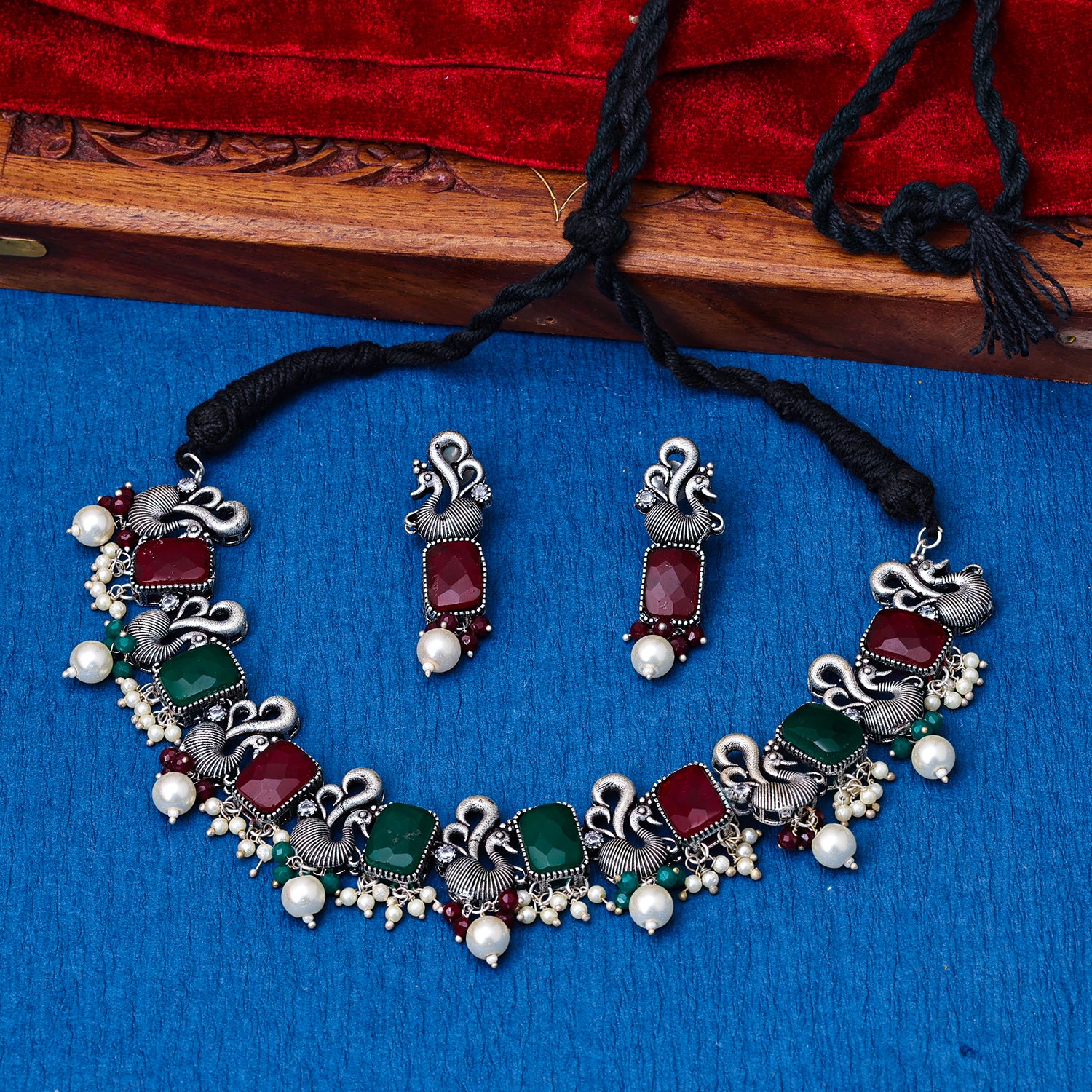 Sukkhi Oxidized Multi Pearl Choker Necklace Set for Women