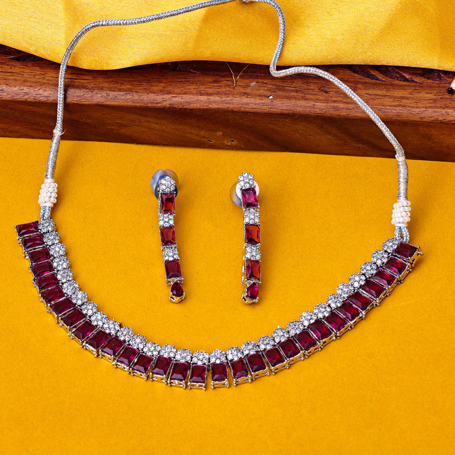 Sukkhi Rhodium Plated Pink Reverse AD & Pearl Choker Necklace Set for Women