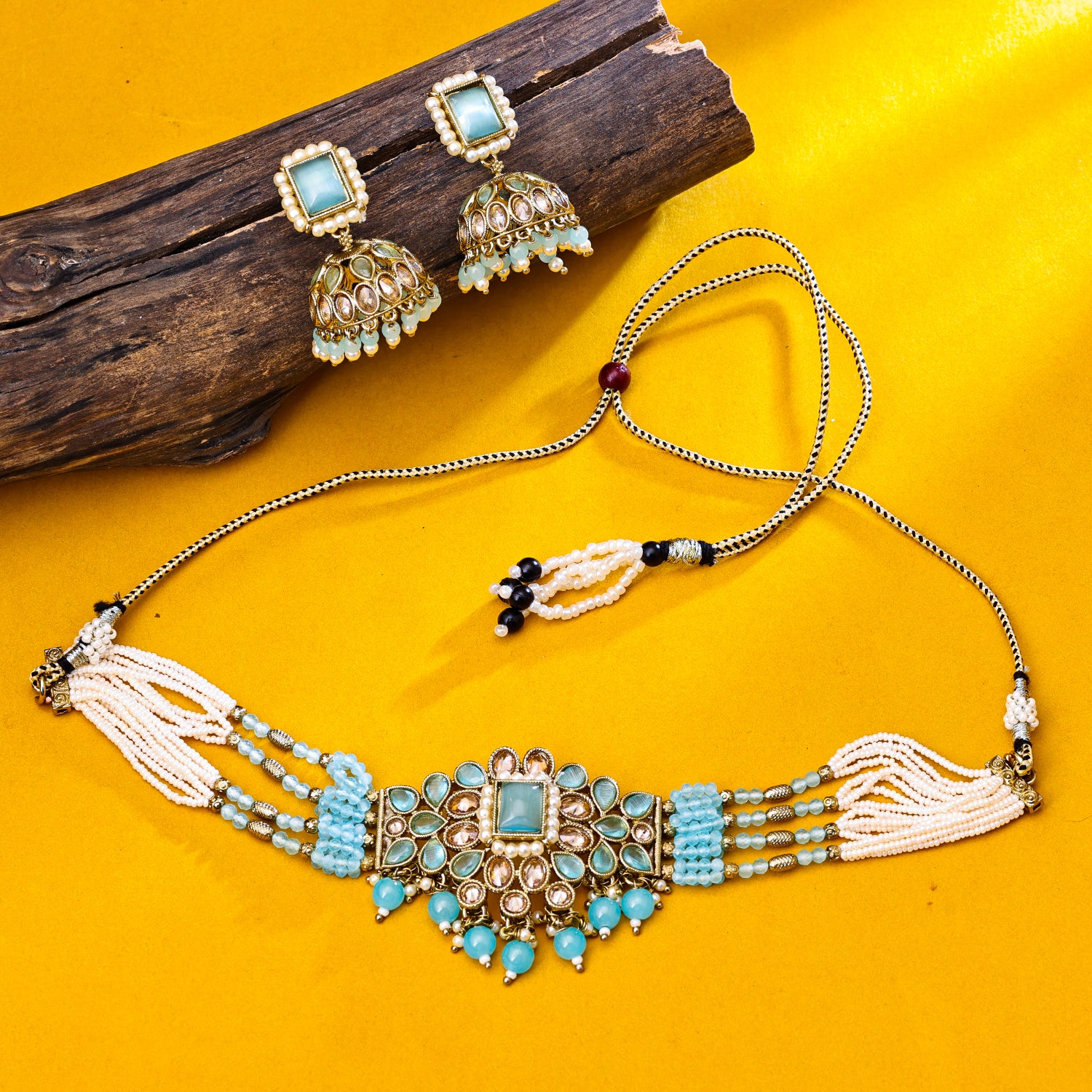 Sukkhi Gold Plated Aqua Reverse AD & Pearl Choker Necklace Set for Women