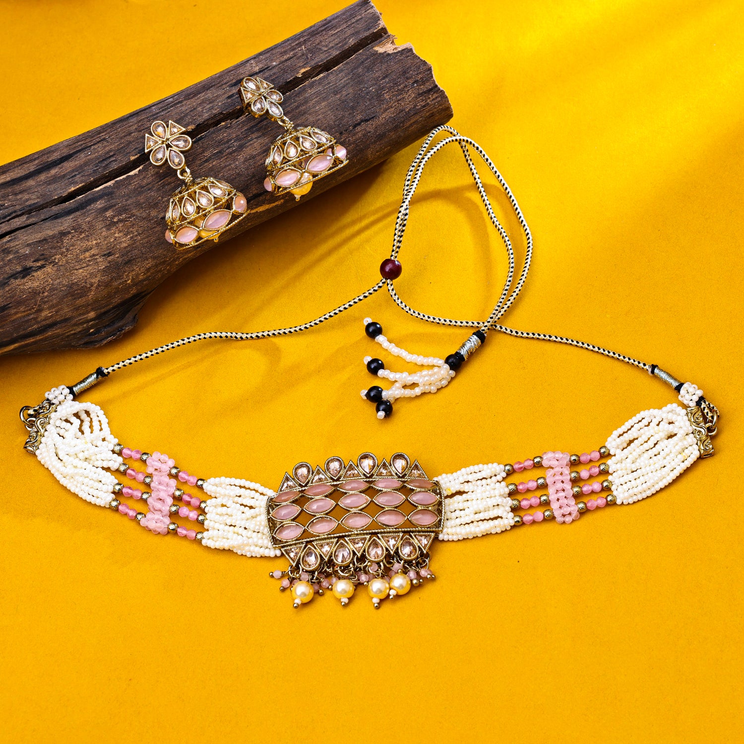 Sukkhi Gold Plated Pink Reverse AD & Pearl Choker Necklace Set for Women