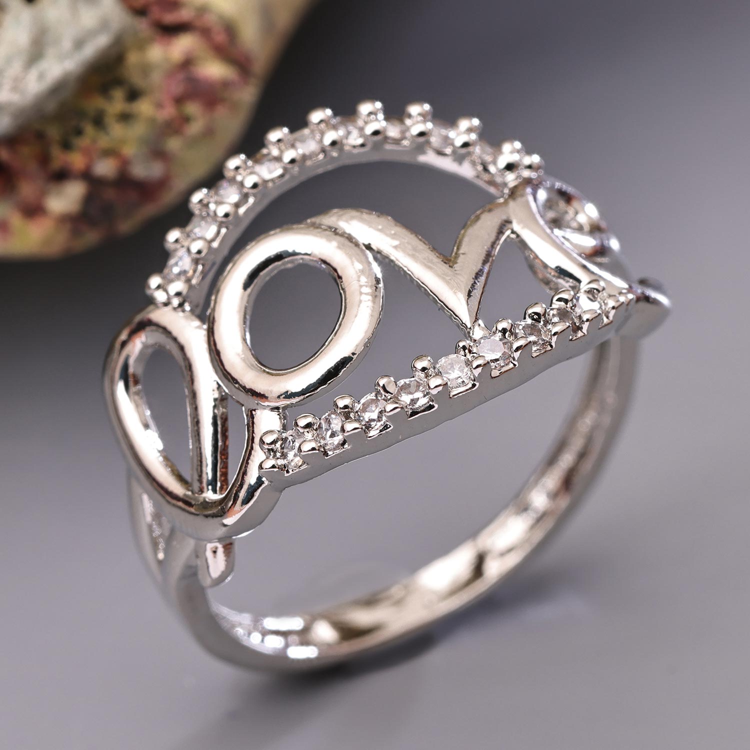 Sukkhi Sparkling Silver Love Rhodium Plated CZ Ring for Women