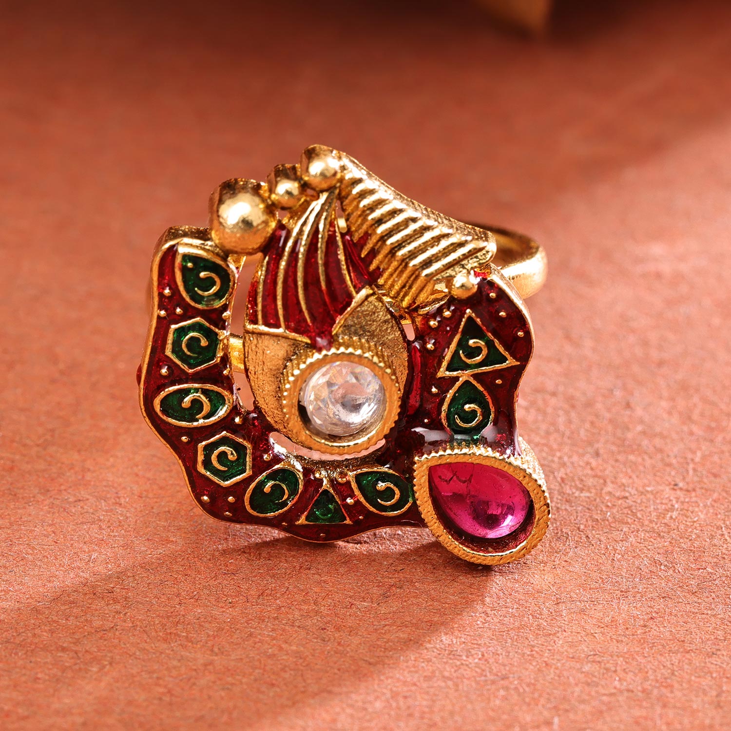 AD Kundan and Green Stone Flower Design Ring – Kalash Cards