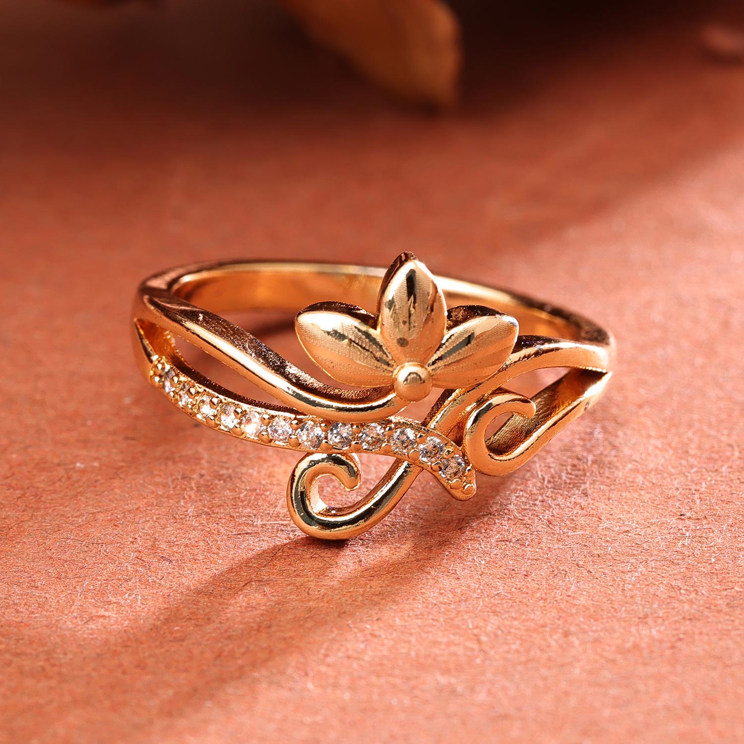 Sukkhi Amazing Golden Floral Gold Plated CZ Ring for Women