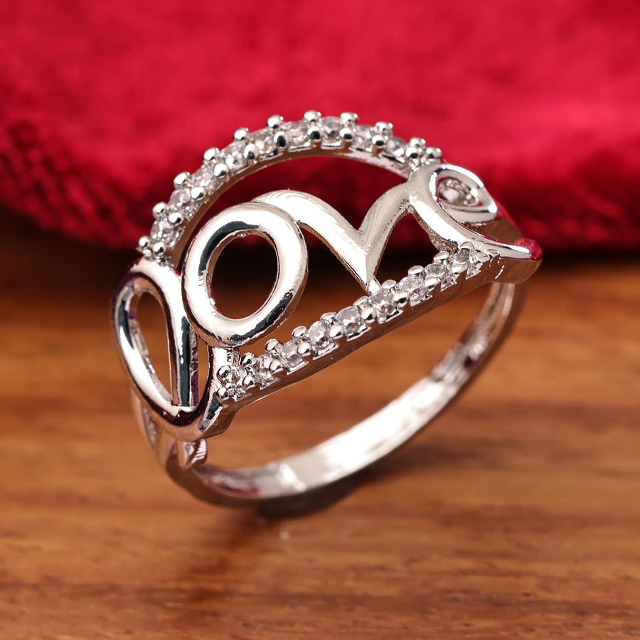 Sukkhi Glimmery Silver Love Rhodium Plated CZ Ring for Women
