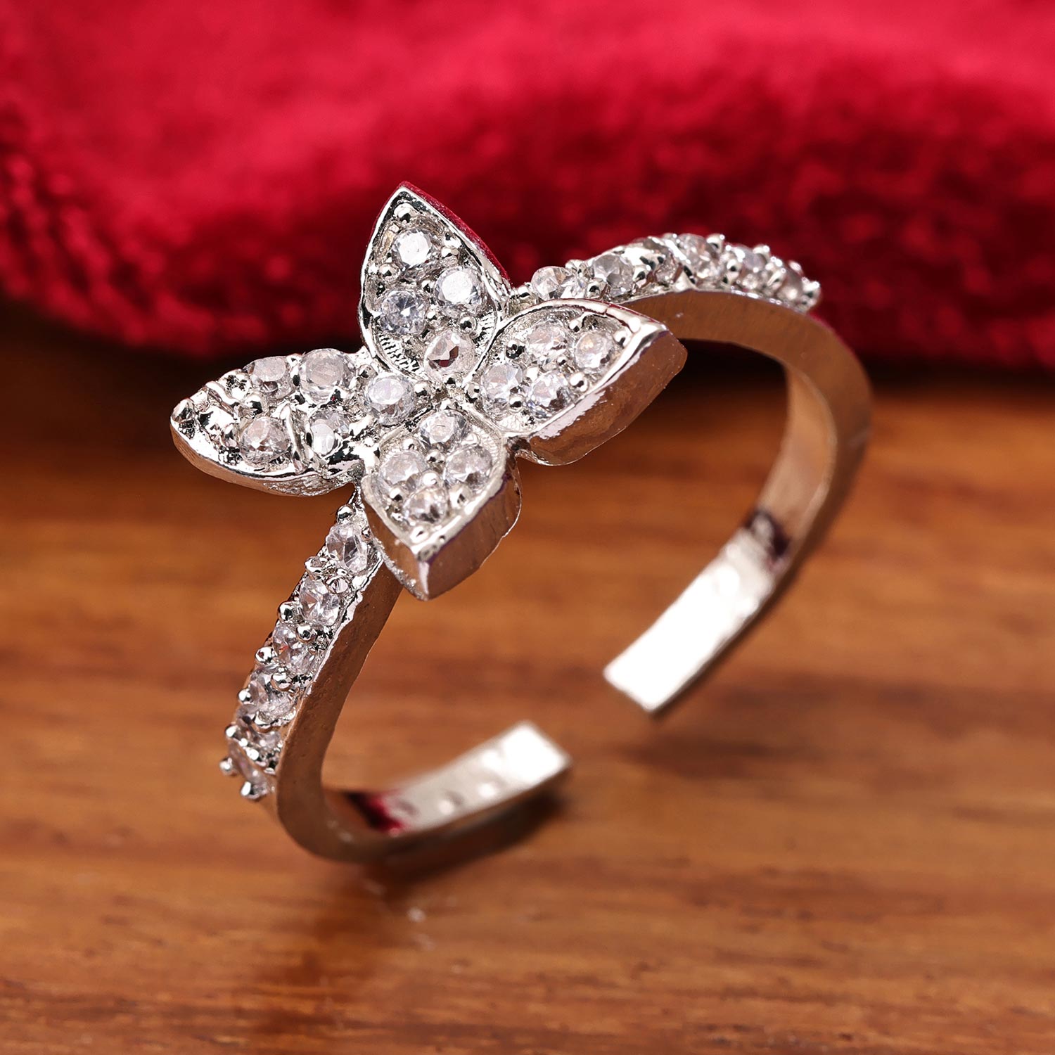 Sukkhi Glemaing Silver Floral Rhodium Plated CZ Ring for Women