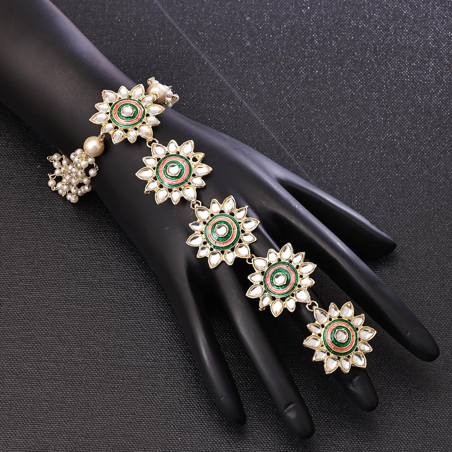 Sukkhi Lovely Golden Gold Plated kundan & Pearl Haathpan for Women