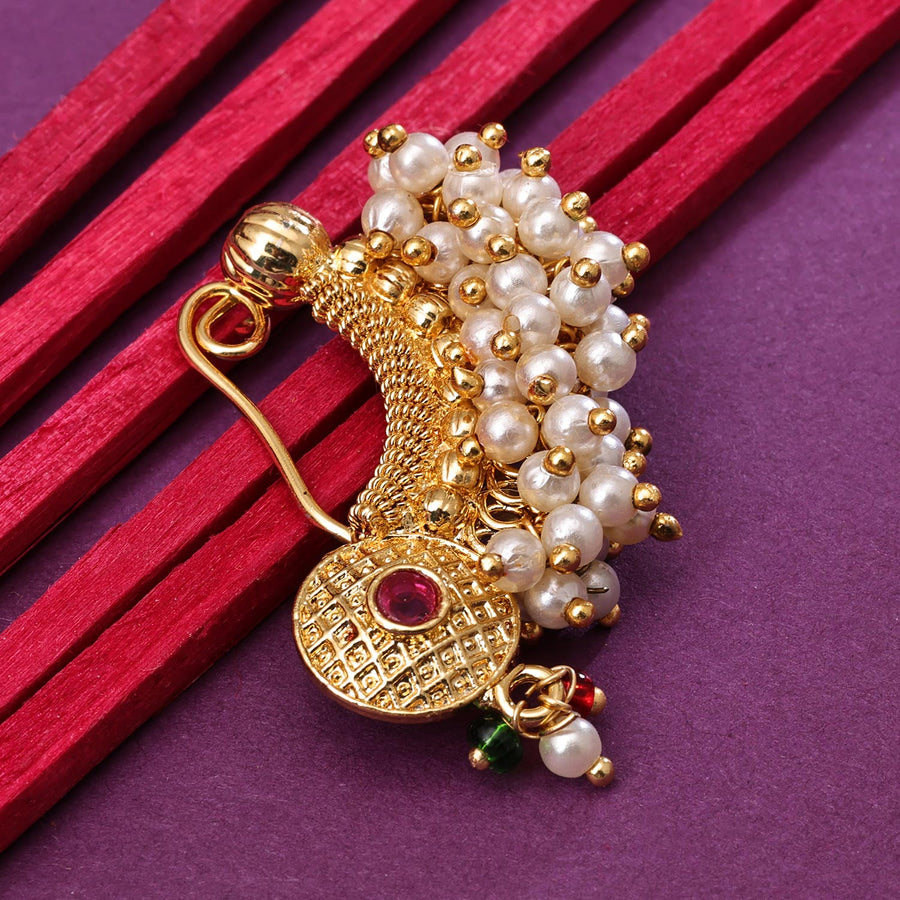 Sukkhi Glimmery Golden Gold Plated Pearl Nath for Women